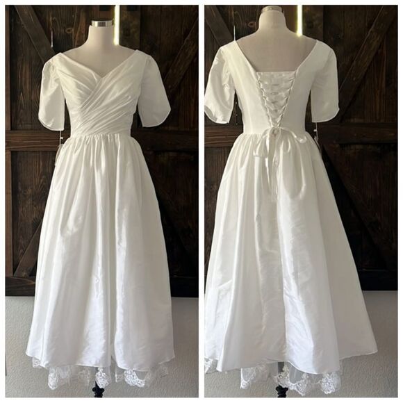 Classical A-Line V-Neck Short Sleeve Pleats Bohemain Lace Wedding  Dress - Picture 4 of 16